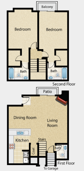 Floor plan for 2 beds, 2.5 baths, 1230 sqft